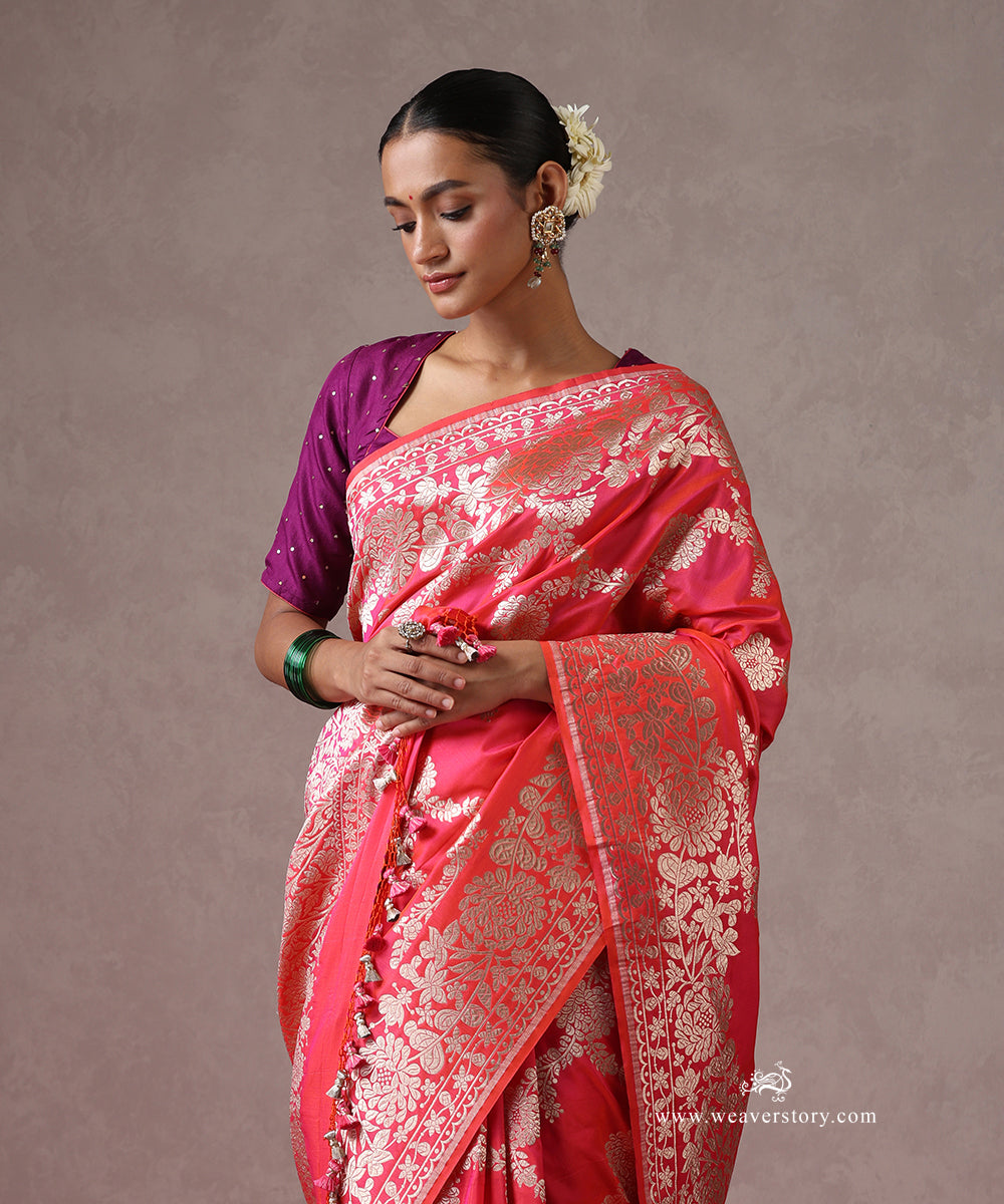 Hot_Pink_Handloom_Pure_Katan_Silk_Banarasi_Saree_With_Cutwork_Floral_Jaal_WeaverStory_01