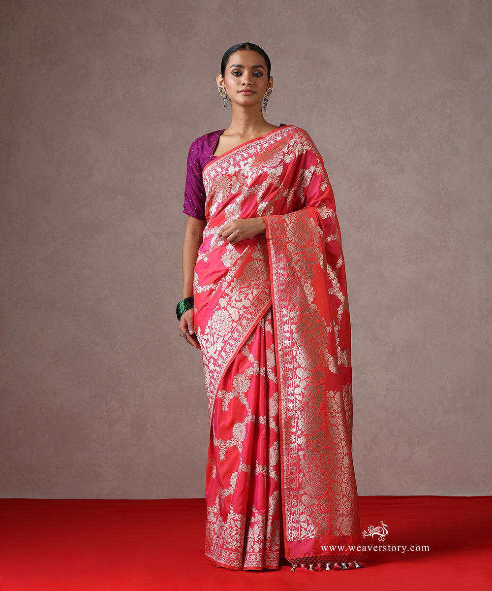 Hot_Pink_Handloom_Pure_Katan_Silk_Banarasi_Saree_With_Cutwork_Floral_Jaal_WeaverStory_02