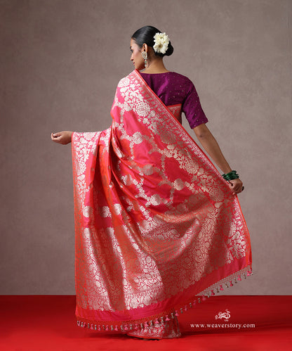 Hot_Pink_Handloom_Pure_Katan_Silk_Banarasi_Saree_With_Cutwork_Floral_Jaal_WeaverStory_03