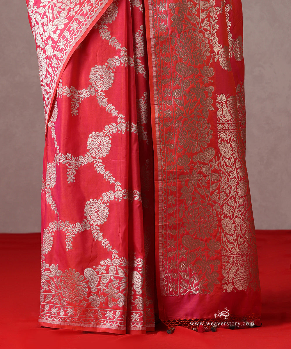 Hot_Pink_Handloom_Pure_Katan_Silk_Banarasi_Saree_With_Cutwork_Floral_Jaal_WeaverStory_04