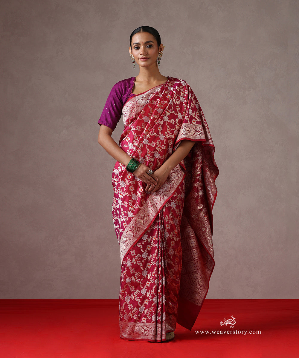 Handloom_Rani_Pink_Pure_Katan_Silk_Banarasi_Saree_Cutwork_Floral_Jaal_And_Meenakari_WeaverStory_02