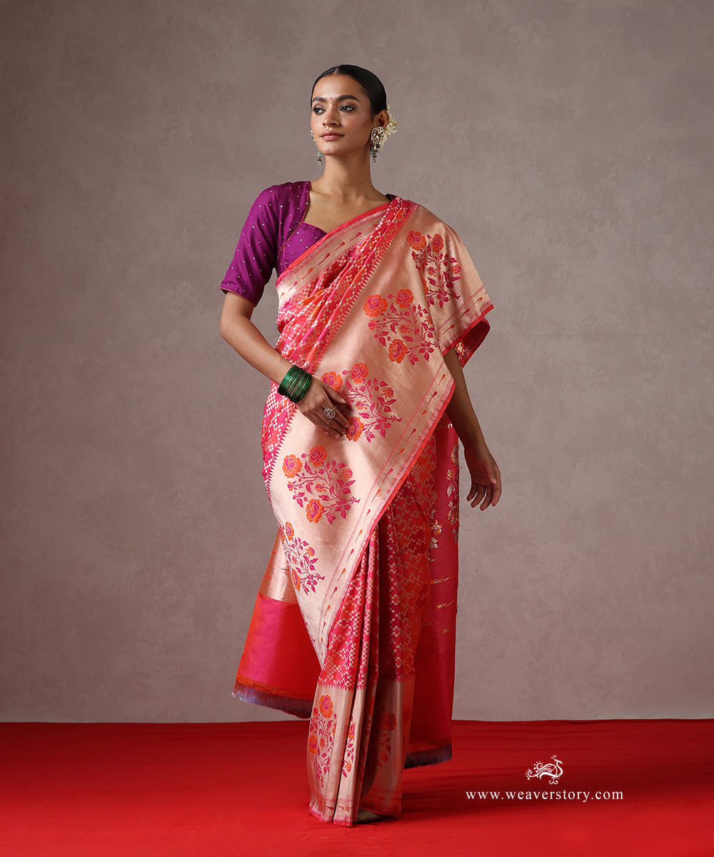 Pink_Handloom_Pure_Katan_Silk_Banarasi_Patola_Saree_With_Paithani_Border_And_Pallu_WeaverStory_02