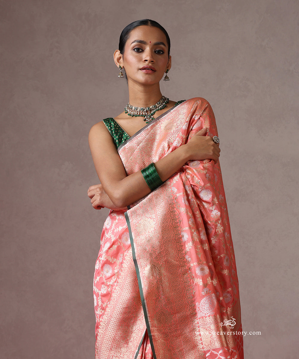 Peach_Handloom_Pure_Katan_Silk_Banarasi_Saree_With_Sona_Rupa_Zari_Jaal_With_Green_Selvedge_WeaverStory_01