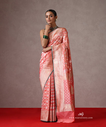 Peach_Handloom_Pure_Katan_Silk_Banarasi_Saree_With_Sona_Rupa_Zari_Jaal_With_Green_Selvedge_WeaverStory_02