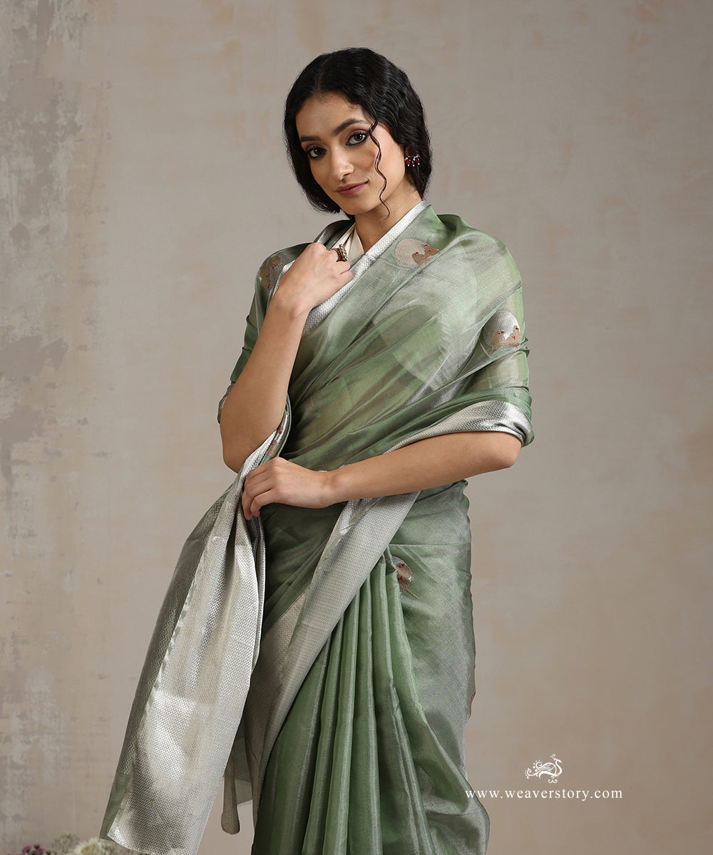 Handloom_Pista_Green_Pure_Tissue_Silk_Chanderi_Saree_With_Small_Bird_Motifs_And_Silver_Border_WeaverStory_01