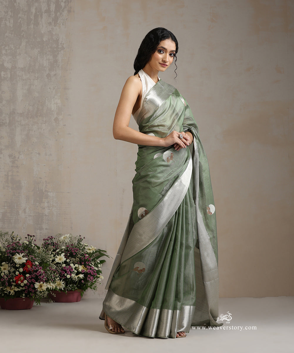 Handloom_Pista_Green_Pure_Tissue_Silk_Chanderi_Saree_With_Small_Bird_Motifs_And_Silver_Border_WeaverStory_02