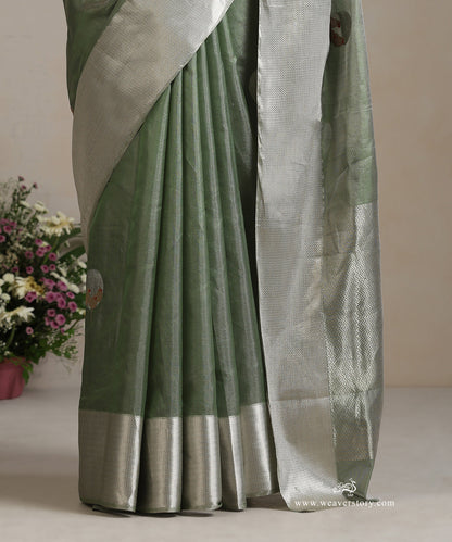 Handloom_Pista_Green_Pure_Tissue_Silk_Chanderi_Saree_With_Small_Bird_Motifs_And_Silver_Border_WeaverStory_04