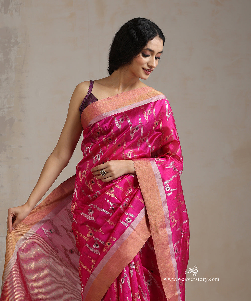 Handloom_Pink_Pure_Silk_Chanderi_Saree_With_Bhutta_Jaal_And_Green_Meena_WeaverStory_01