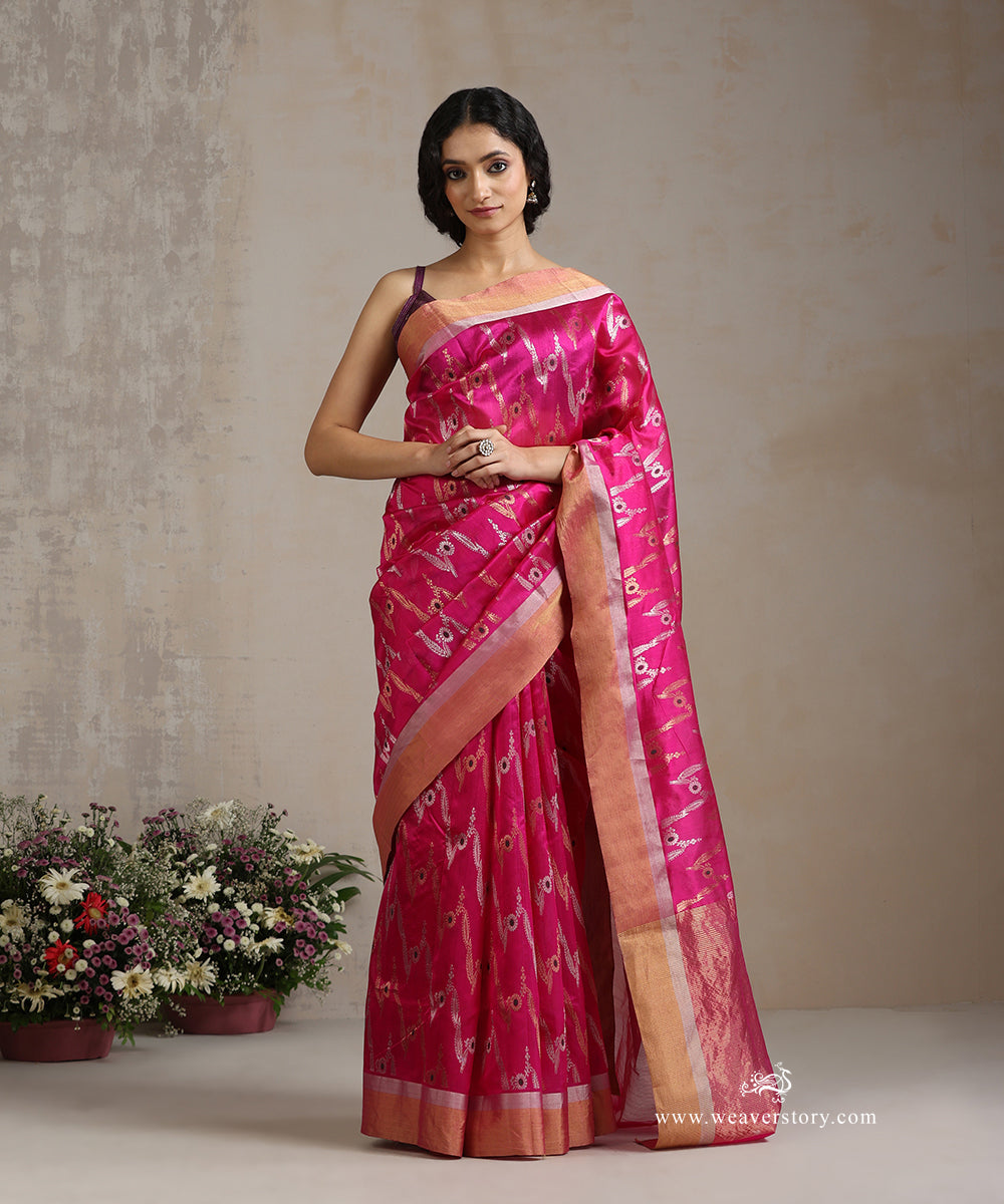 Handloom_Pink_Pure_Silk_Chanderi_Saree_With_Bhutta_Jaal_And_Green_Meena_WeaverStory_02