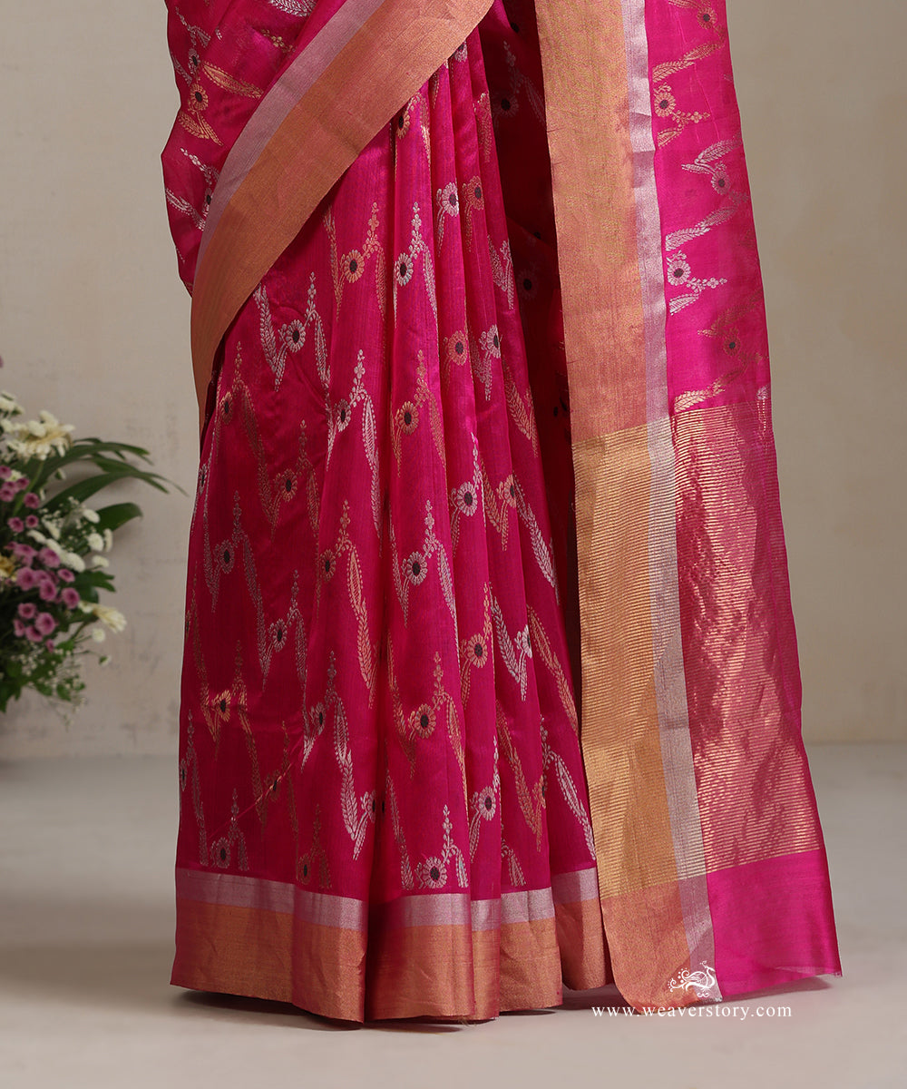 Handloom_Pink_Pure_Silk_Chanderi_Saree_With_Bhutta_Jaal_And_Green_Meena_WeaverStory_04