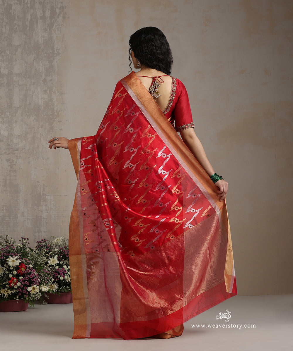 Handloom_Red_Pure_Silk_Chanderi_Saree_With_Bhutta_Jaal_And_Green_Meena_WeaverStory_03