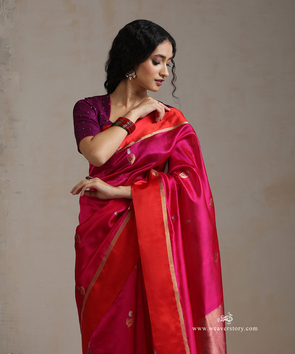 Pink_Handloom_Pure_Silk_Chanderi_Saree_With_Flower_Boota_And_Red_Mashroo_Border_WeaverStory_01