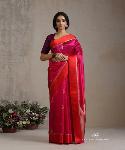 Pink_Handloom_Pure_Silk_Chanderi_Saree_With_Flower_Boota_And_Red_Mashroo_Border_WeaverStory_02