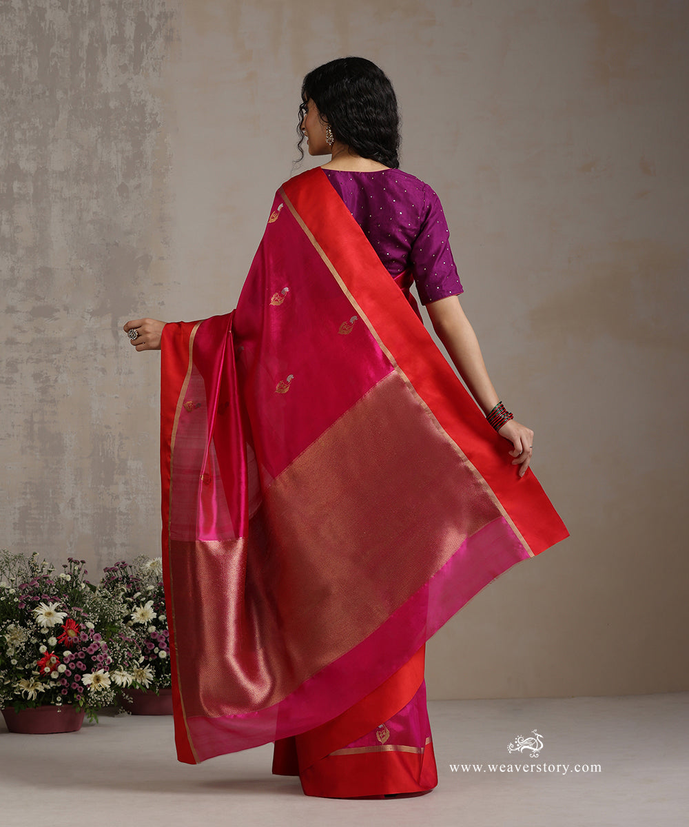 Pink_Handloom_Pure_Silk_Chanderi_Saree_With_Flower_Boota_And_Red_Mashroo_Border_WeaverStory_03