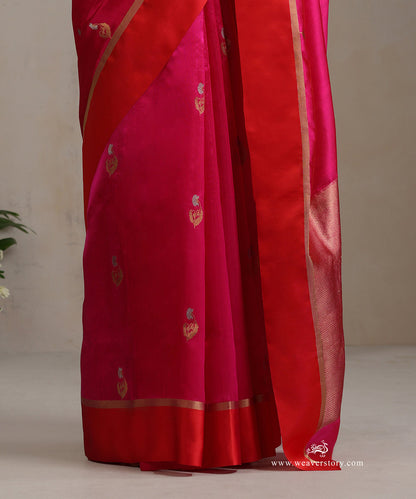 Pink_Handloom_Pure_Silk_Chanderi_Saree_With_Flower_Boota_And_Red_Mashroo_Border_WeaverStory_04