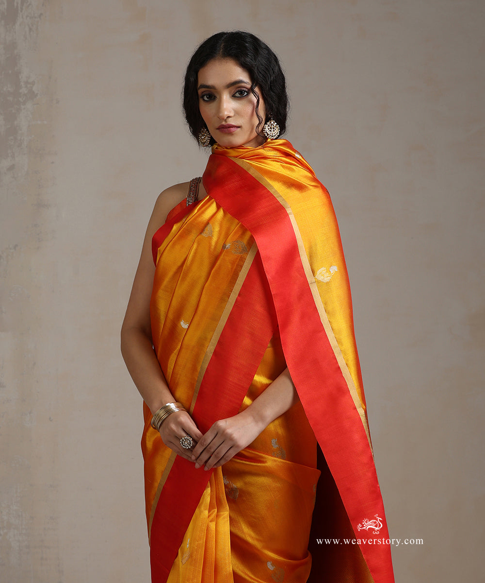 Handloom_Mustard_Pure_Silk_Chanderi_Saree_With_Flower_Boota_And_Red_Mashroo_Border_WeaverStory_01