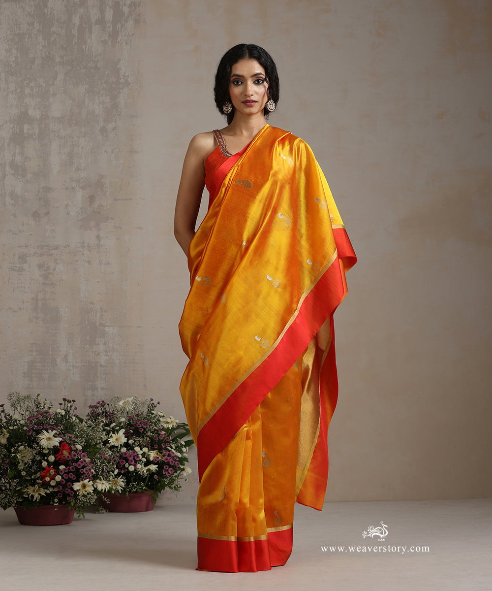 Handloom_Mustard_Pure_Silk_Chanderi_Saree_With_Flower_Boota_And_Red_Mashroo_Border_WeaverStory_02