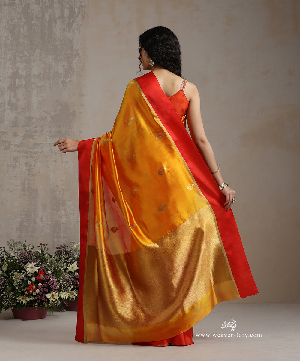 Handloom_Mustard_Pure_Silk_Chanderi_Saree_With_Flower_Boota_And_Red_Mashroo_Border_WeaverStory_03