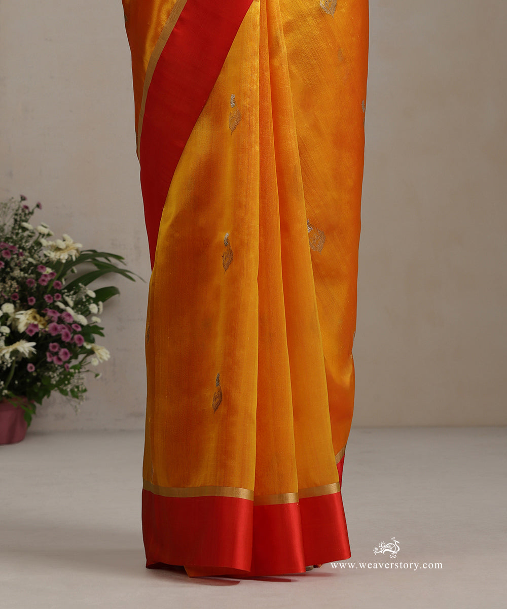 Handloom_Mustard_Pure_Silk_Chanderi_Saree_With_Flower_Boota_And_Red_Mashroo_Border_WeaverStory_04