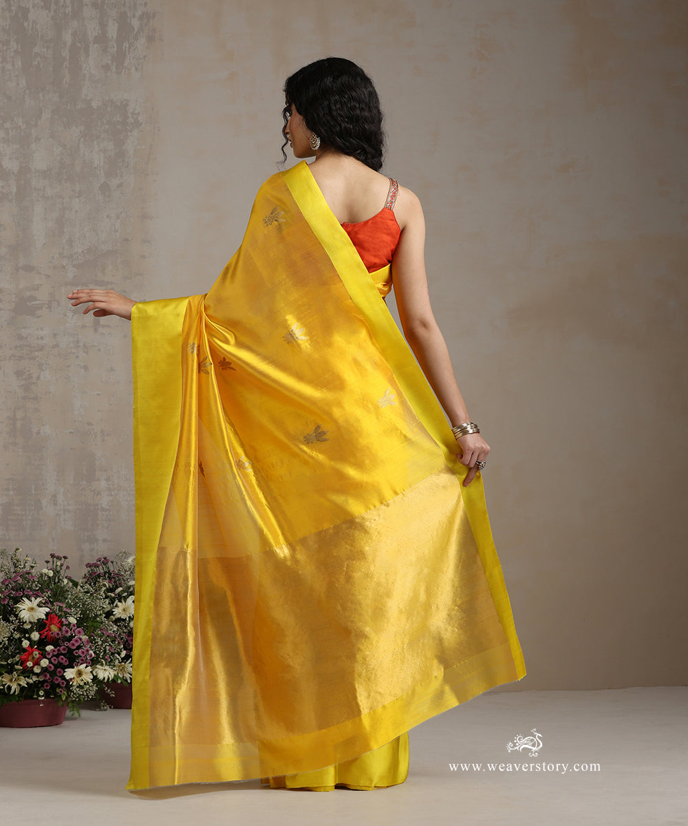 Yellow_Handloom_Pure_Silk_Chanderi_Saree_With_Gold_Zari_Flower_Boota_WeaverStory_03