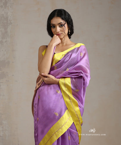 Lavender_Handloom_Pure_Silk_Chanderi_Saree_With_Gold_Leaf_Motif_And_Lemon_Border_WeaverStory_01