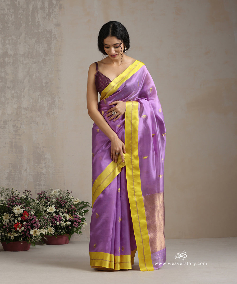 Lavender_Handloom_Pure_Silk_Chanderi_Saree_With_Gold_Leaf_Motif_And_Lemon_Border_WeaverStory_02