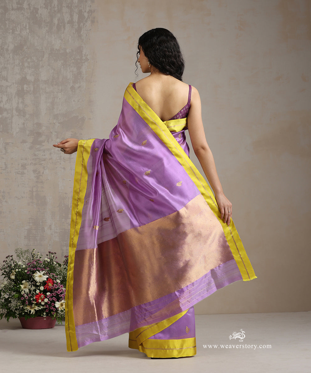 Lavender_Handloom_Pure_Silk_Chanderi_Saree_With_Gold_Leaf_Motif_And_Lemon_Border_WeaverStory_03