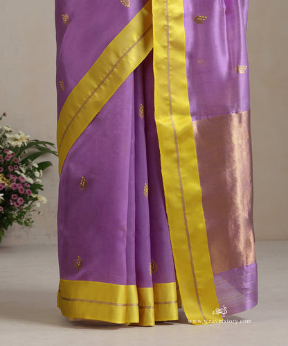 Lavender_Handloom_Pure_Silk_Chanderi_Saree_With_Gold_Leaf_Motif_And_Lemon_Border_WeaverStory_04