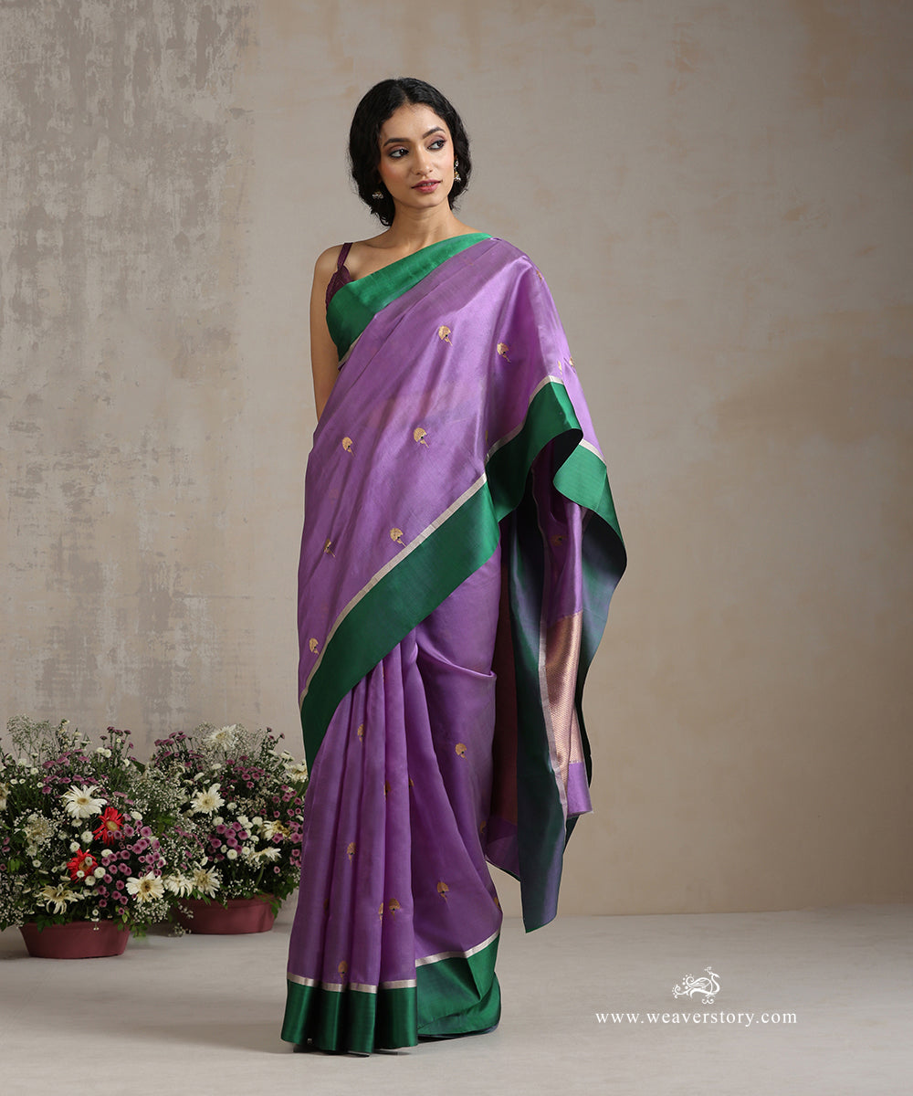 Lavender_Handloom_Pure_Silk_Chanderi_Saree_With_Small_Motif_And_Green_Mashroo_Border_WeaverStory_02