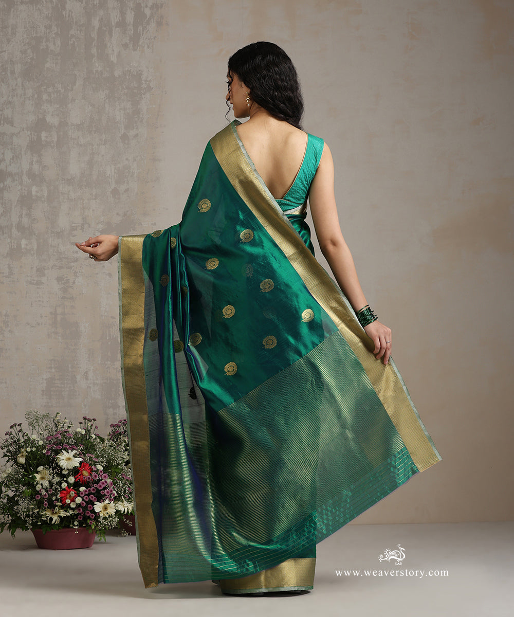 Handloom_Peacock_Green_Silk_Chanderi_Saree_With_Rangoli_Boota_And_Gold_Saffron_Border_WeaverStory_03