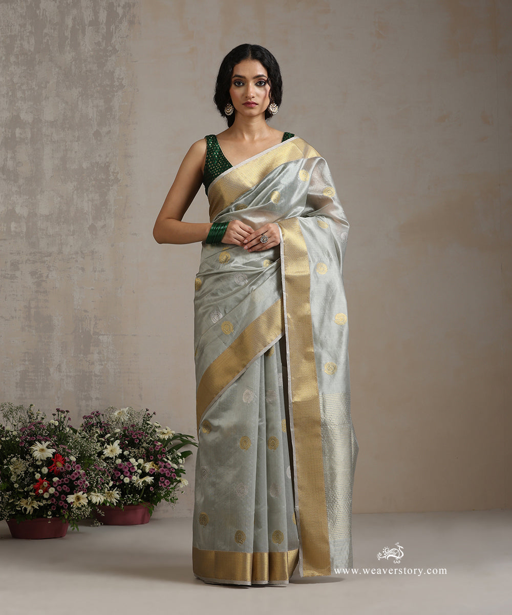 Gray_Handloom_Pure_Silk_Chanderi_Saree_With_Rangoli_Boota_And_Gold_Saffron_Border_WeaverStory_02