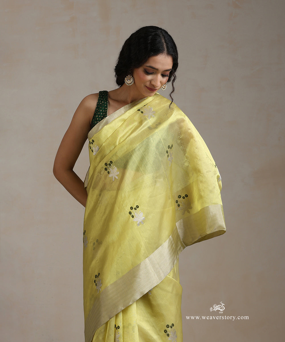 Handloom_Lemon_Green_Pure_Silk_Chanderi_Saree_With_Meenakar_Motif_And_Silver_Border_WeaverStory_01