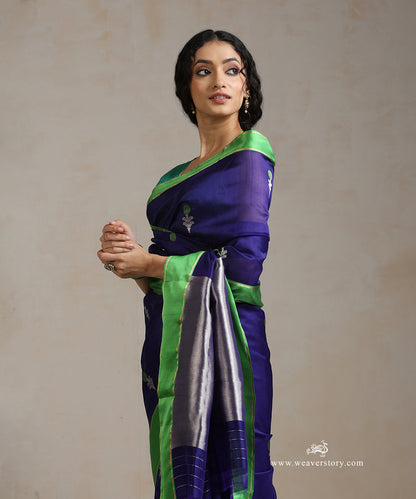 Handloom_Ink_Blue_Pure_Silk_Chanderi_Saree_With_Genda_Boota_And_Green_Border_WeaverStory_01