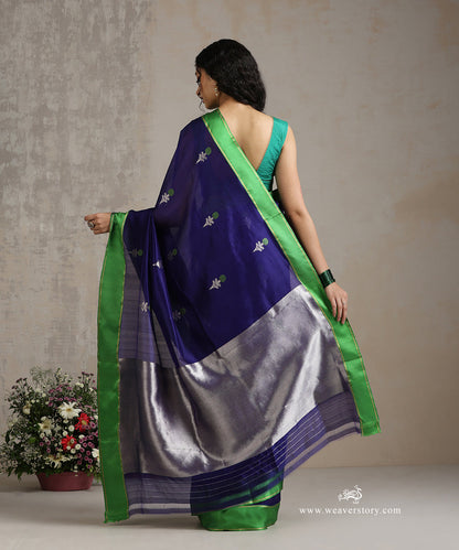 Handloom_Ink_Blue_Pure_Silk_Chanderi_Saree_With_Genda_Boota_And_Green_Border_WeaverStory_03