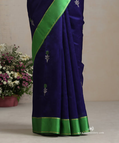 Handloom_Ink_Blue_Pure_Silk_Chanderi_Saree_With_Genda_Boota_And_Green_Border_WeaverStory_04