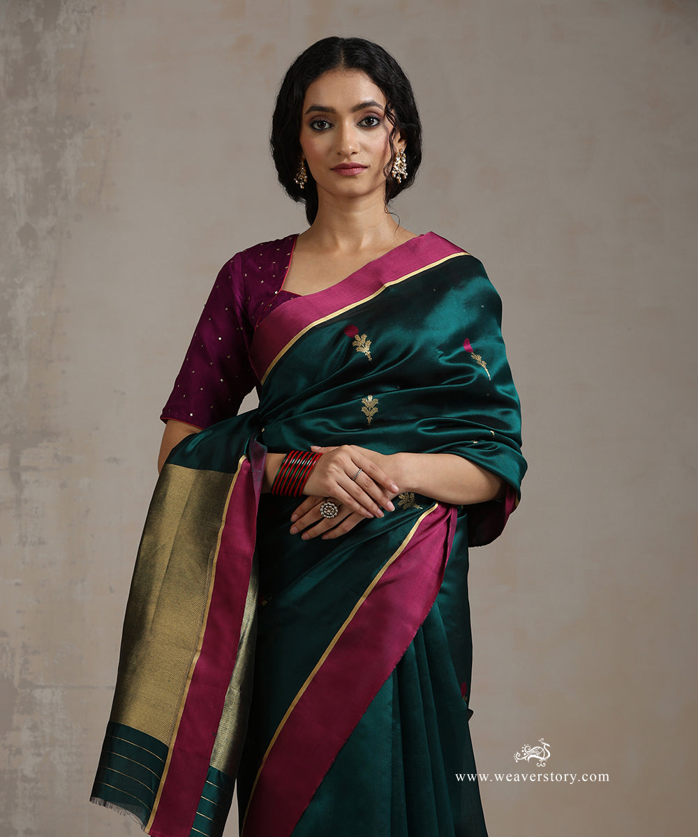 Dark_Green_Handloom_Pure_Silk_Chanderi_Saree_With_Genda_Boota_And_Purple_Border_WeaverStory_01