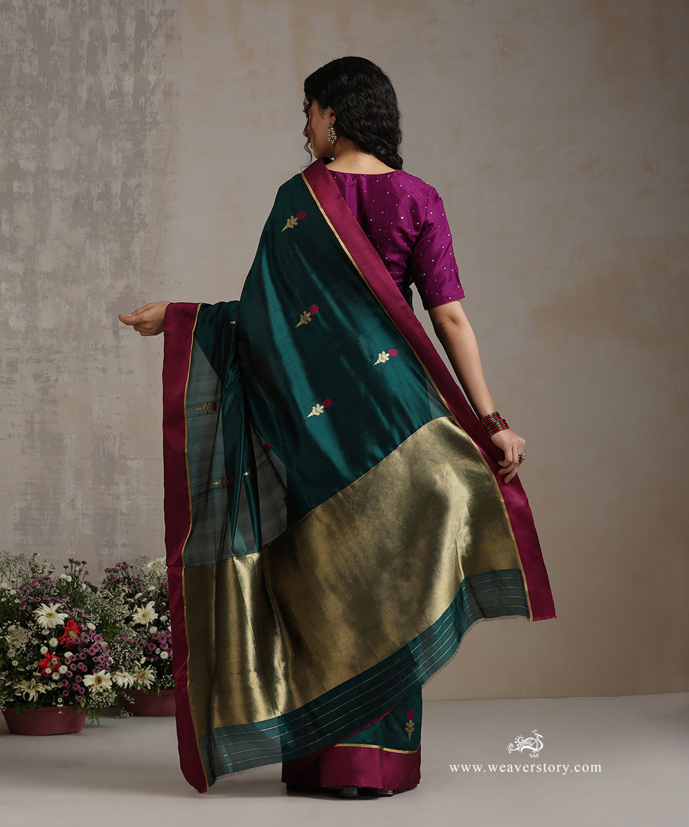 Dark_Green_Handloom_Pure_Silk_Chanderi_Saree_With_Genda_Boota_And_Purple_Border_WeaverStory_03