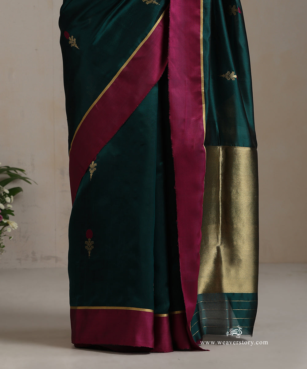 Dark_Green_Handloom_Pure_Silk_Chanderi_Saree_With_Genda_Boota_And_Purple_Border_WeaverStory_04