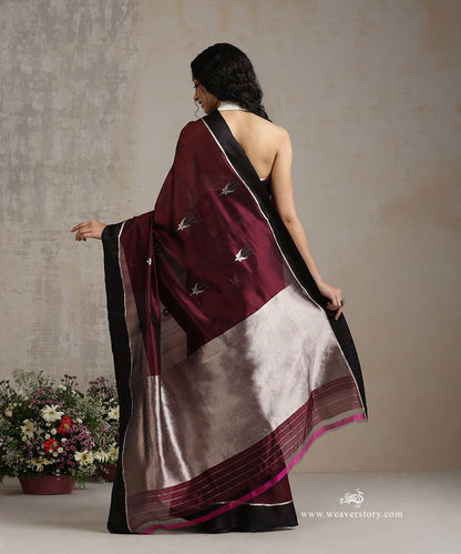 Dark_Wine_Handloom_Pure_Silk_Chanderi_Saree_With_Corn_Motif_And_Black_Border_WeaverStory_03