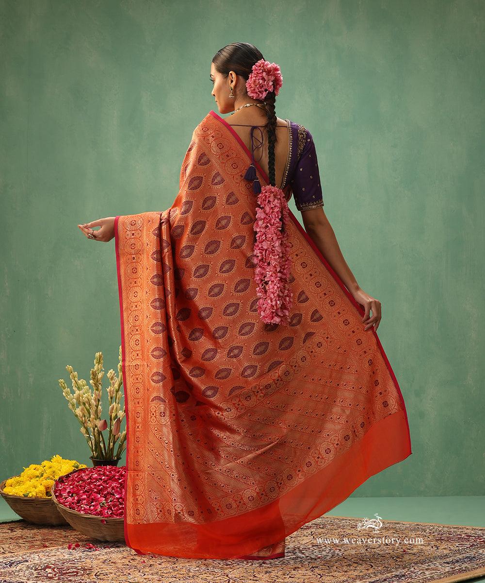 Orange_Handloom_Pure_Katan_Silk_Kimkhab_Banarasi_Saree_With_Purple_Meenkar_And_Pink_Selvedge_WeaverStory_03