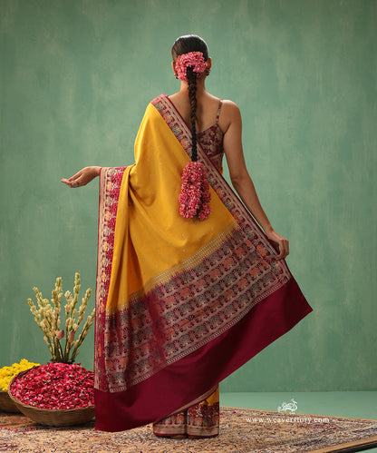 Mustard_Handloom_Pure_Satin_Silk_Small_Chand_Motif_Banarasi_Saree_With_Wine_Meenakari_Border_WeaverStory_03