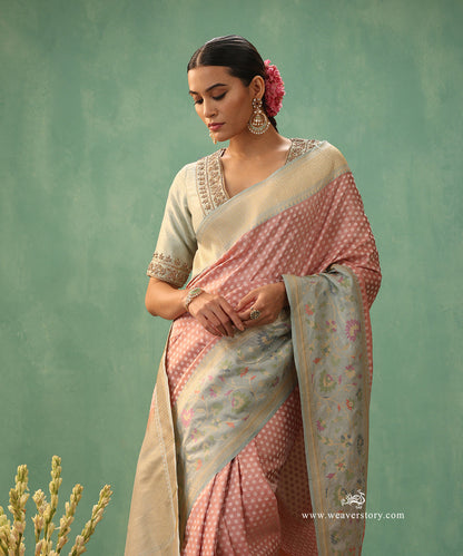 Handloom_Baby_Pink_Tissue_Silk_Banarasi_Saree_With_Ice_Blue_Floral_Meenakari_Border_And_Polka_Dots_WeaverStory_01