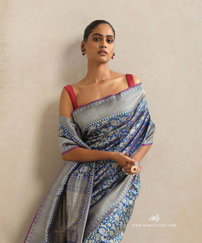 Teal_Handloom_Pure_Katan_Silk_Kimkhab_Shikargah_Banarasi_Saree_With_Pink_Selvedge_WeaverStory_01