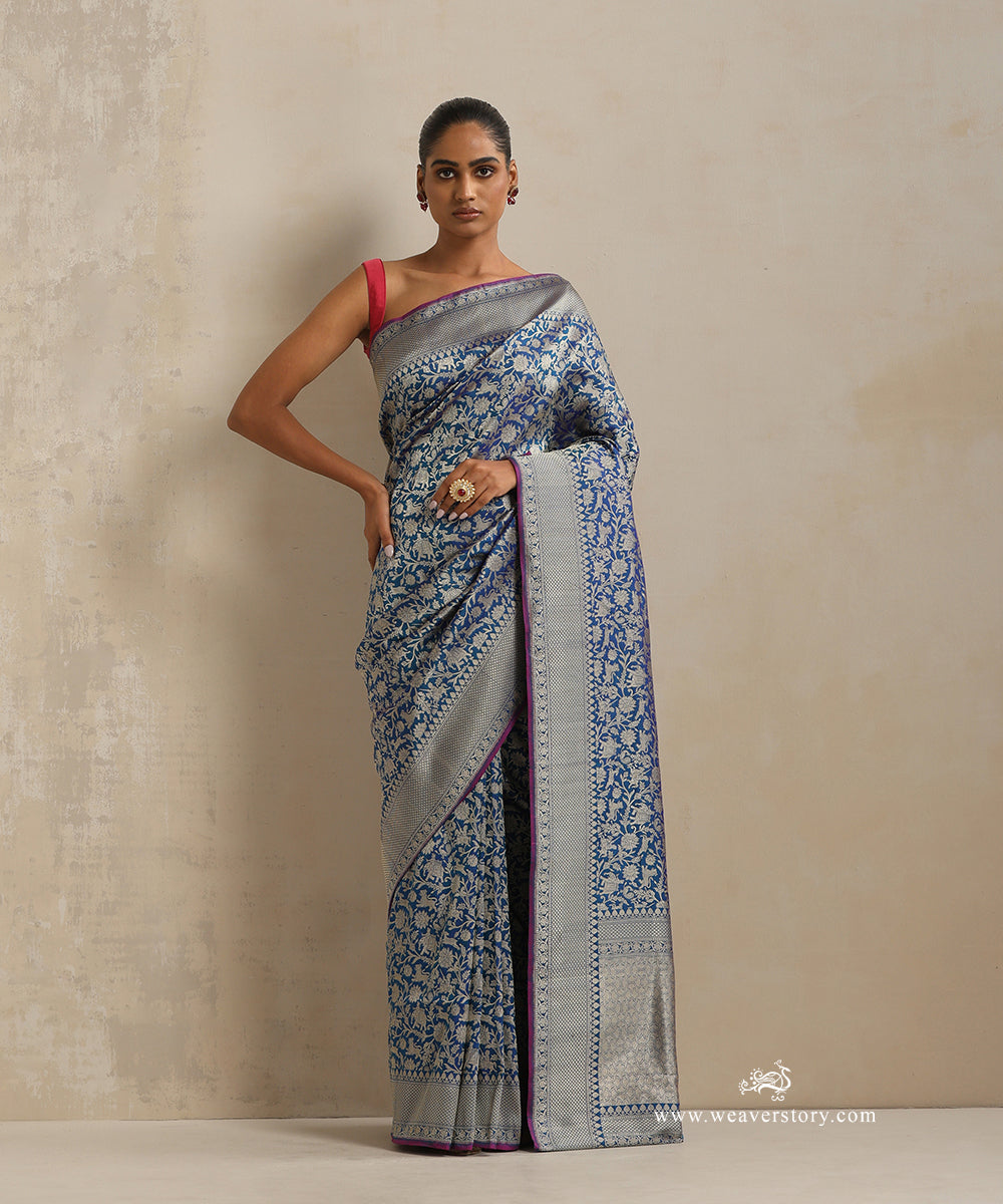 Teal_Handloom_Pure_Katan_Silk_Kimkhab_Shikargah_Banarasi_Saree_With_Pink_Selvedge_WeaverStory_02