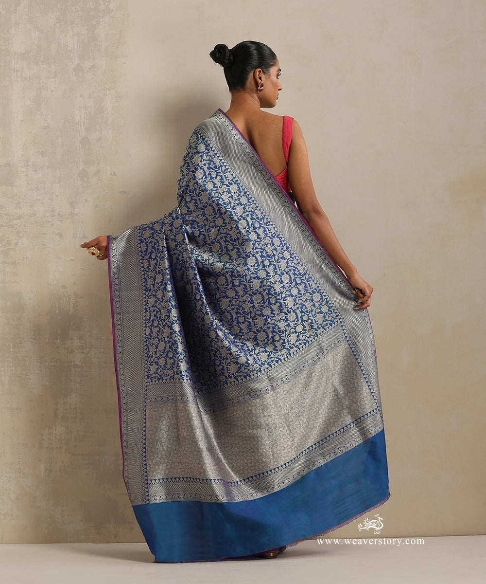 Teal_Handloom_Pure_Katan_Silk_Kimkhab_Shikargah_Banarasi_Saree_With_Pink_Selvedge_WeaverStory_03