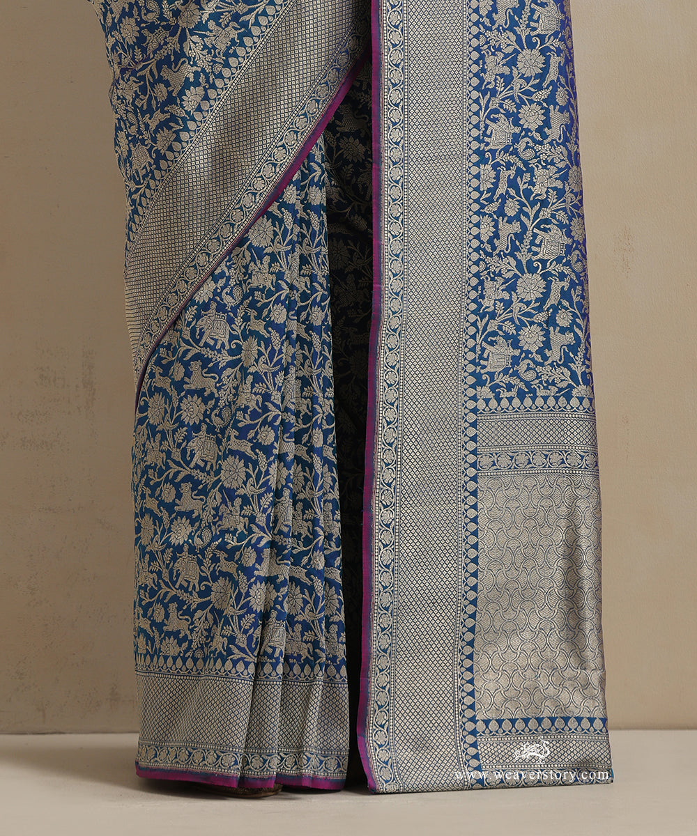 Teal_Handloom_Pure_Katan_Silk_Kimkhab_Shikargah_Banarasi_Saree_With_Pink_Selvedge_WeaverStory_04