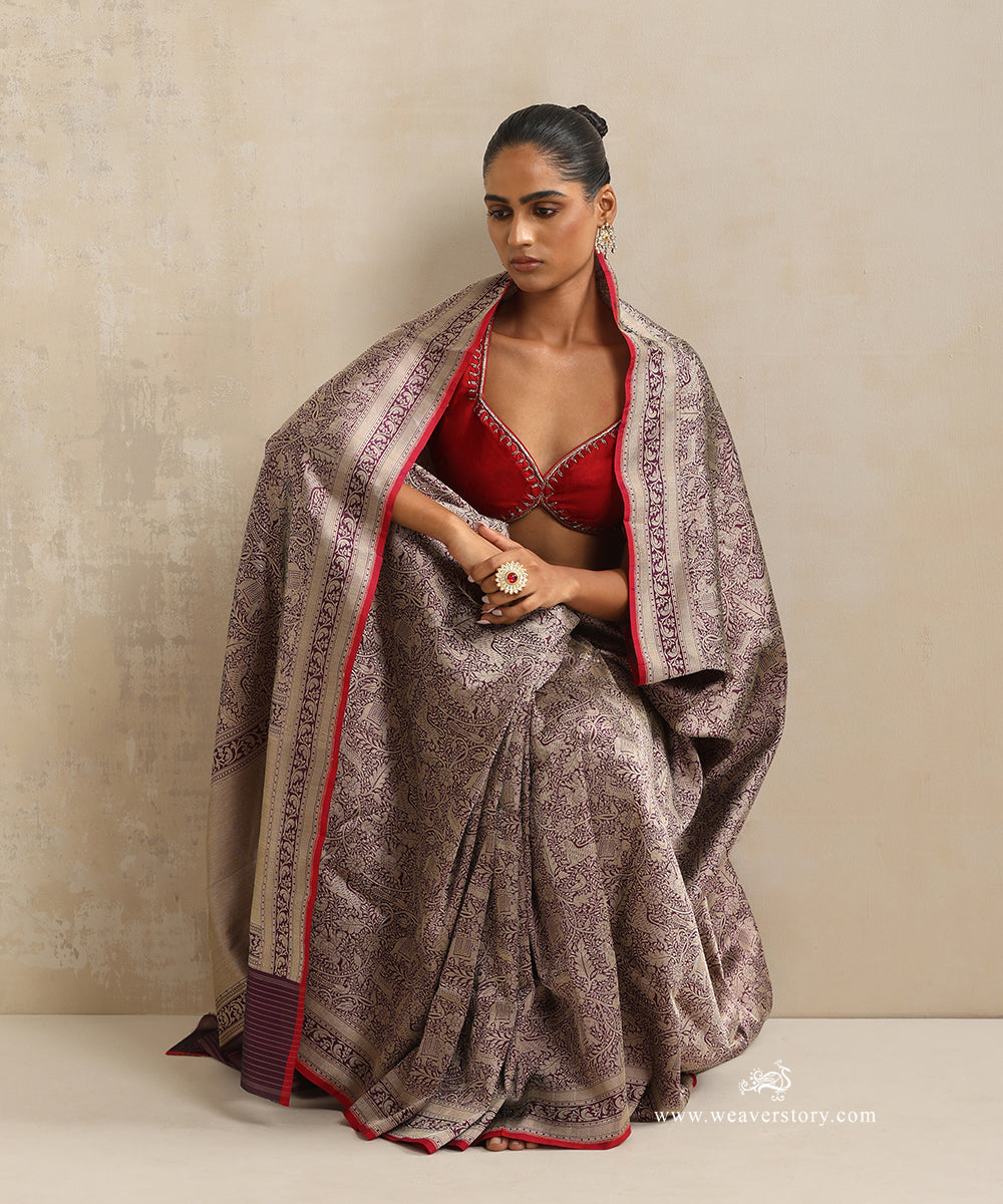 Purple_Handloom_Pure_Katan_Silk_Kimkhab_Shikargah_Banarasi_Saree_With_Pink_Selvedge_WeaverStory_01