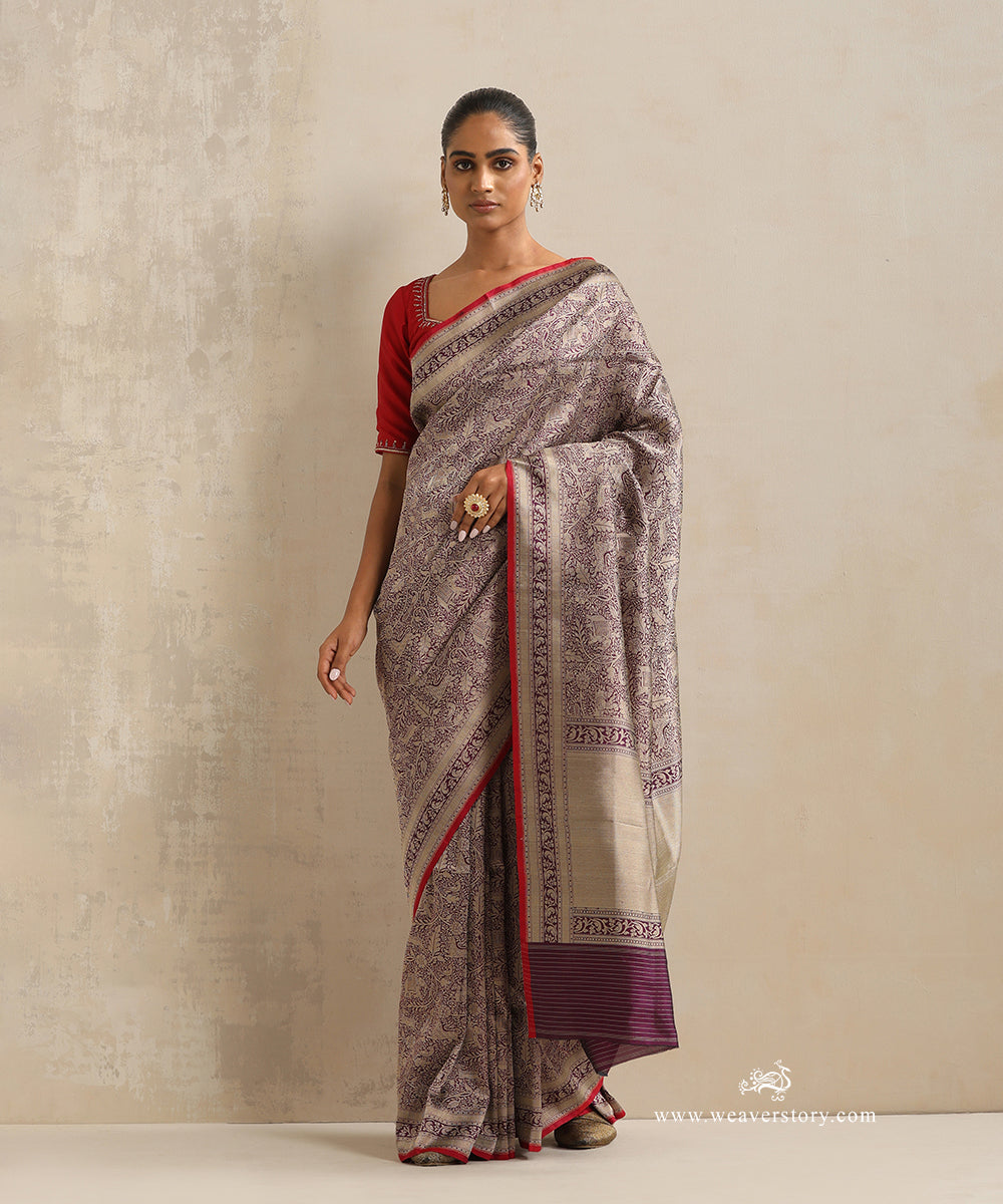 Purple_Handloom_Pure_Katan_Silk_Kimkhab_Shikargah_Banarasi_Saree_With_Pink_Selvedge_WeaverStory_02