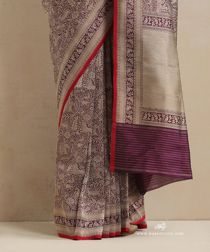 Purple_Handloom_Pure_Katan_Silk_Kimkhab_Shikargah_Banarasi_Saree_With_Pink_Selvedge_WeaverStory_04