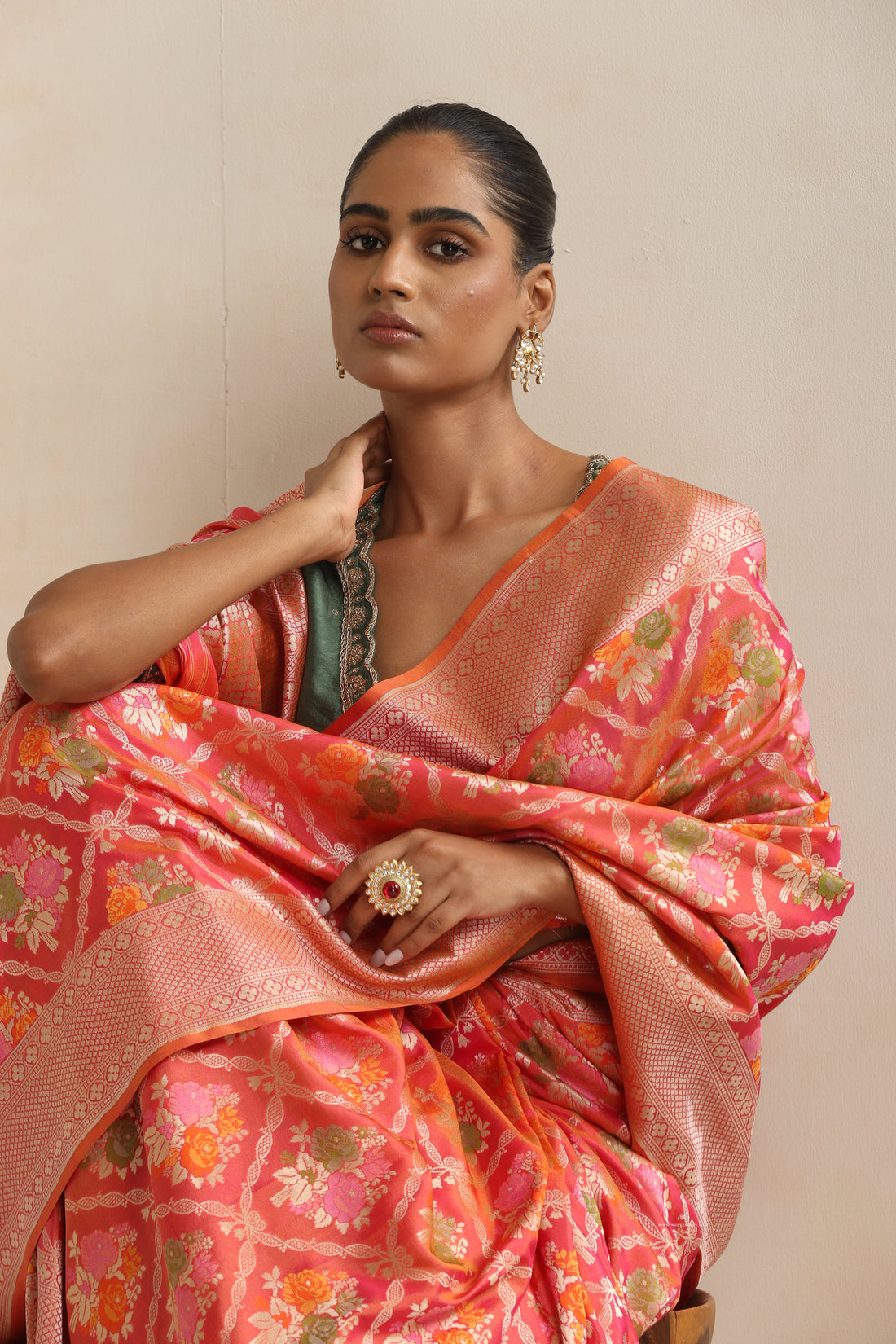 Handloom_Peach_Pure_Katan_Silk_Banarasi_Saree_With_Cutwork_Tilfi_Meena_Rose_Bunches_WeaverStory_01